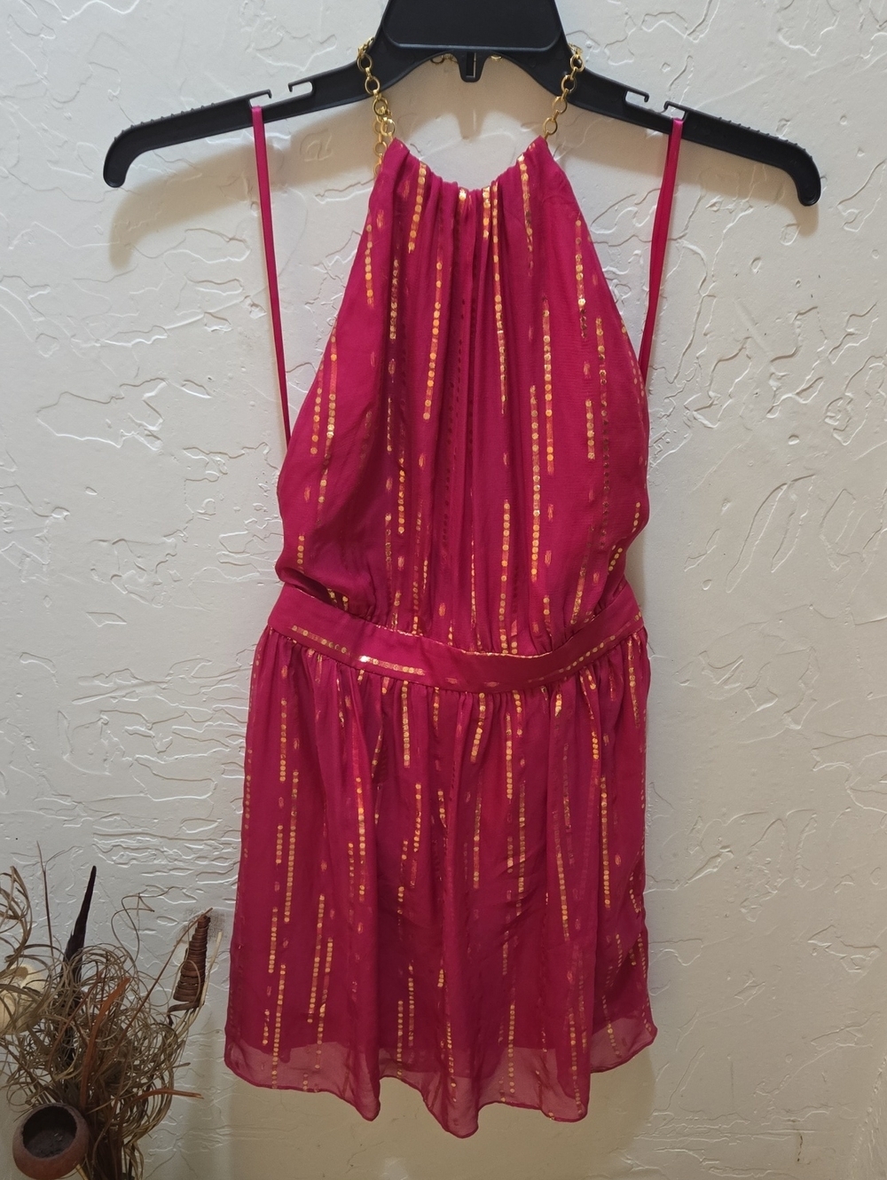Milly Silk Halter Backless Mini Dress with Gold Accents